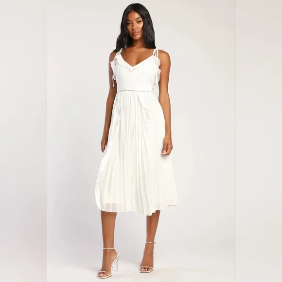 Lulus | Dresses | Nwt Lulus White Tie Strap Pleated Midi Dress Xl | Poshmark